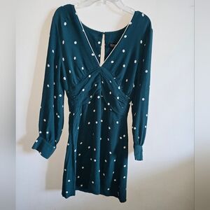 TopShop Dark Teal Long Sleeve Dress with White Dots